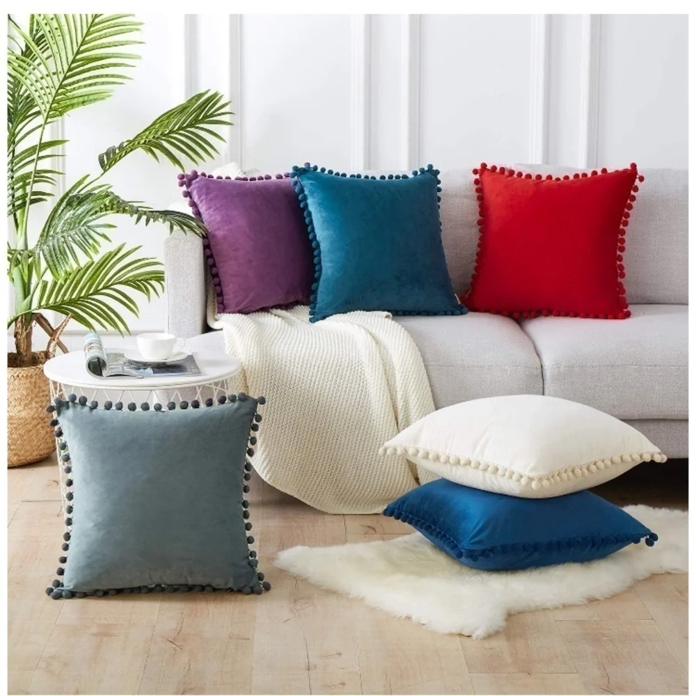 Trendy Navy Blue Modern Farmhouse Style Cute Pompom Throw Pillow Cover Set